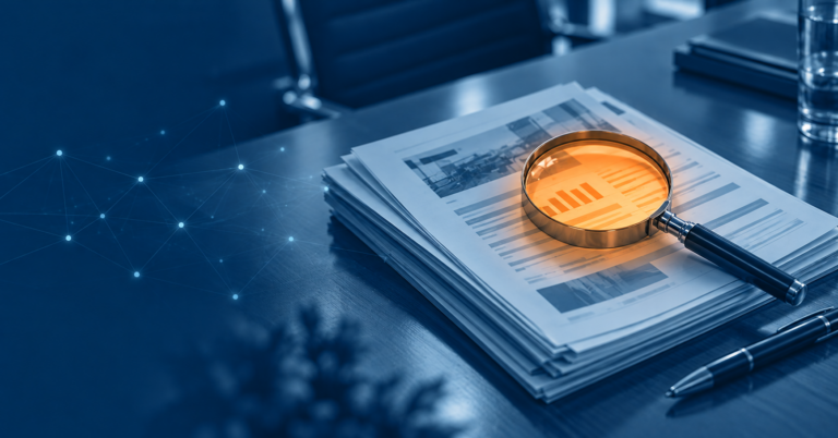 Magnifying glass over a stack of vendor proposals, representing a close look at healthcare collections solutions