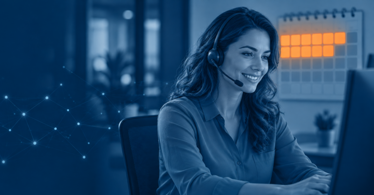 Patient financial services rep on a headset, with a calendar highlighting the first 30 days of early-out billing