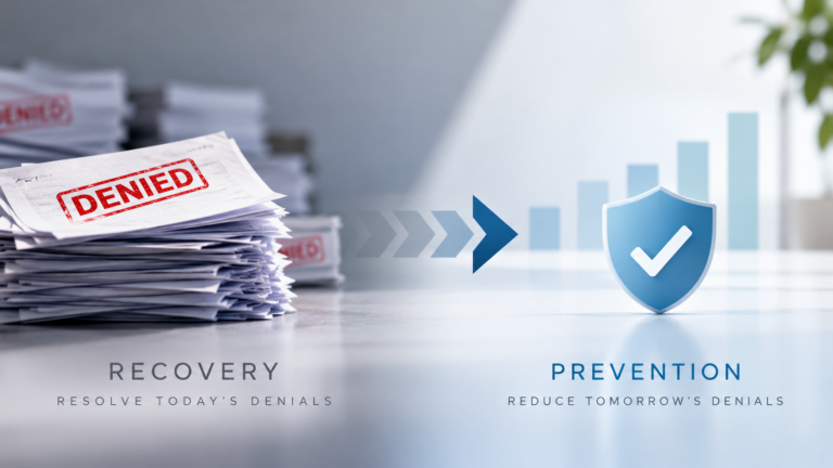 Healthcare denial management: stack of denied claims on the left moving toward a prevention shield and rising chart on the right