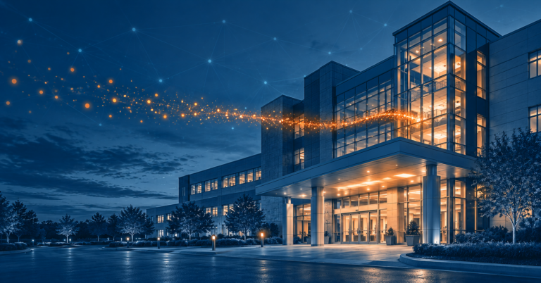 Hospital at dusk with glowing particles drifting away, representing revenue hospitals lose each year